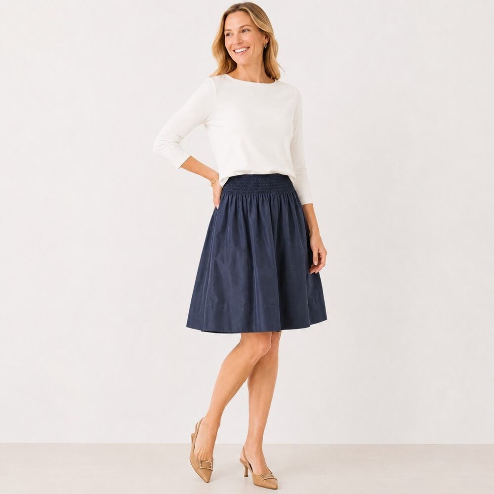 Talbots 100% Silk Navy A-Line Skirt Smocked Elastic Waist Pockets Women’s L NWOT